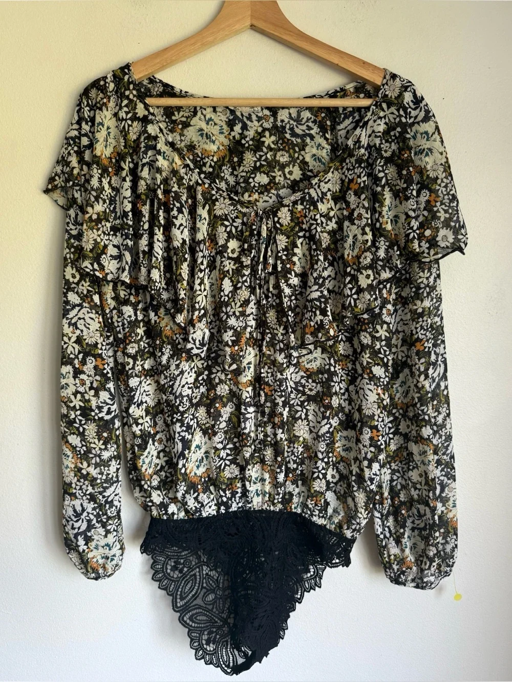 Free People Say It To Me Bodysuit Floral Lace Dolman Bell Sleeve
